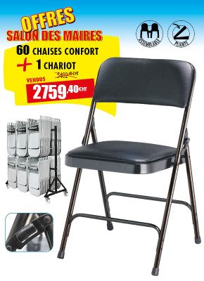 60 CHAISES PLIANTES CONFORT + 1 CHARIOT