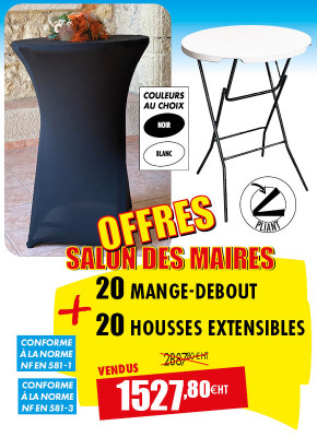 20 TABLES MANGE-DEBOUT + 20 HOUSSES