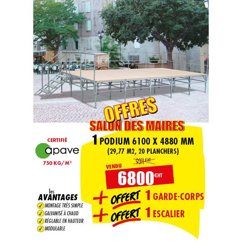 PODIUM DÉMONTABLE MULTI-USAGES 4,88 x 6,1 M + OFFERT 1 GARDE-COPRS + 1 ESCALIER