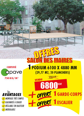 PODIUM DÉMONTABLE MULTI-USAGES 4,88 x 6,1 M + OFFERT 1 GARDE-COPRS + 1 ESCALIER