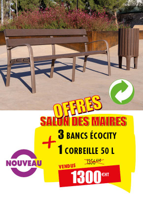 3 BANCS URBAINS ÉCOCITY + 1 CORBEILLE DE VILLE ASSORTIE