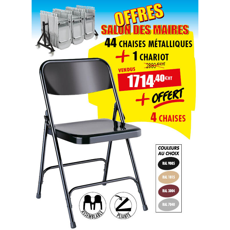 44 CHAISES METAL PLIANTES + 1 CHARIOT + OFFERT 4 CHAISES
