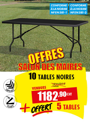 10 TABLES POLYÉTHYLÈNE RECTANGLES NOIRES + 5 OFFERTES