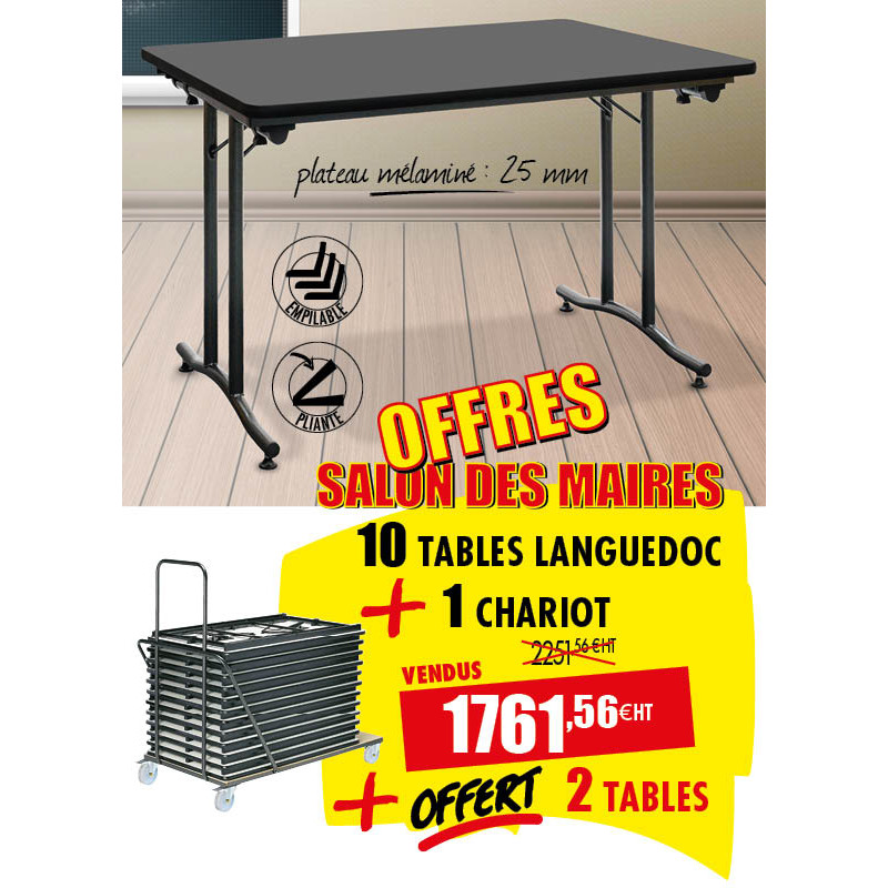 10 TABLES PLIANTES LANGUEDOC + 1 CHARIOT + OFFERT 2 TABLES