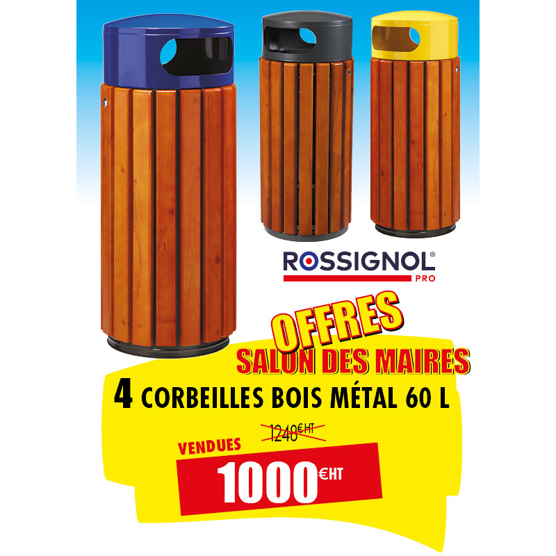 4 CORBEILLES DE VILLE BOIS MÉTAL 60 L