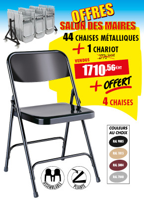 44 CHAISES PLIANTES MÉTALLIQUES + 1 CHARIOT + 4 CHAISES OFFERTES