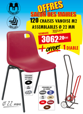 120 CHAISES VANOISE M2 ASSEMBLABLES + OFFERT 1 DIABLE