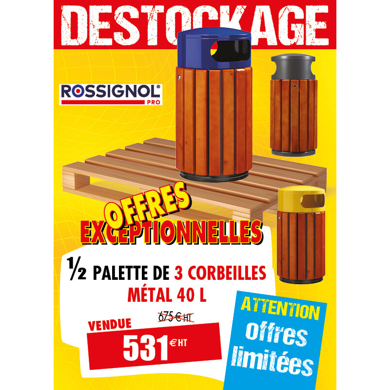 3 CORBEILLES DE VILLE BOIS MÉTAL 40L