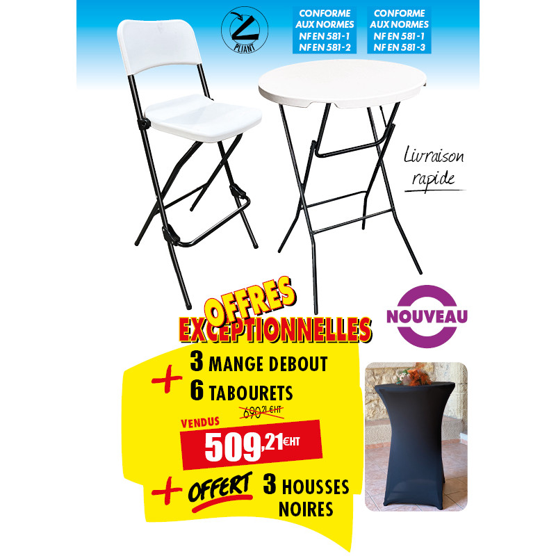 3 TABLES MANGE-DEBOUT + 6 TABOURETS + OFFERT 3 HOUSSES