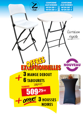 3 TABLES MANGE-DEBOUT + 6 TABOURETS + OFFERT 3 HOUSSES