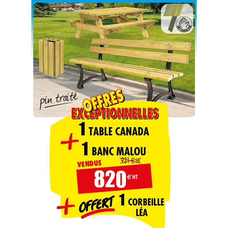 1 TABLE PIQUE NIQUE + 1 BANC EN PIN + OFFERT 1 CORBEILLE