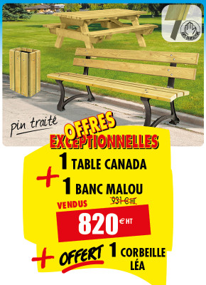 1 TABLE PIQUE NIQUE + 1 BANC EN PIN + OFFERT 1 CORBEILLE