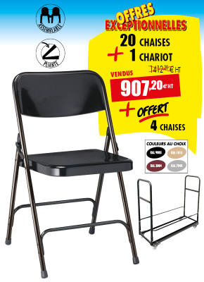 20 CHAISES METAL PLIANTES + 1 CHARIOT + 4 CHAISES OFFERTES