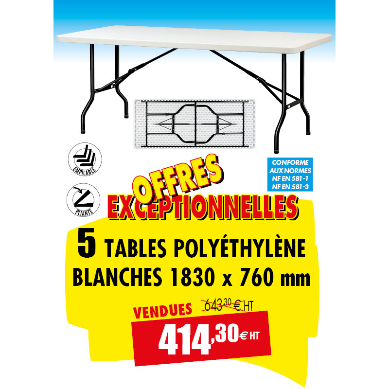 5 TABLES POLYÉTHYLÈNE 1830 X 760 MM