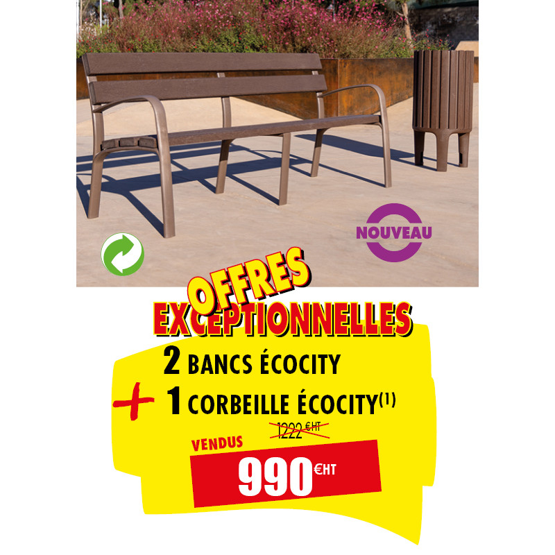 2 BANCS URBAINS ÉCOCITY + 1 CORBEILLE DE VILLE ASSORTIE