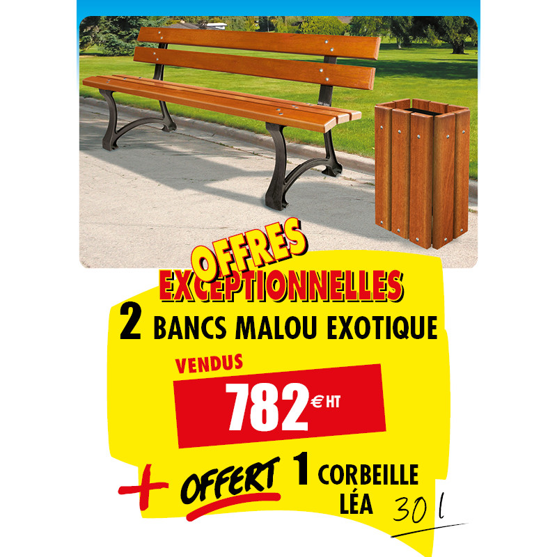 2 BANCS PUBLICS BOIS EXOTIQUE MALOU + OFFERT 1 CORBEILLE