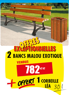 2 BANCS PUBLICS BOIS EXOTIQUE MALOU + OFFERT 1 CORBEILLE